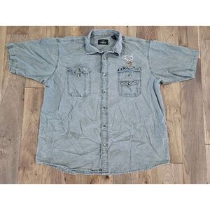 Redhead Mens Button Up Shirt Size 2XL Buck Embroidered Patch‎ Gray Short Sleeve